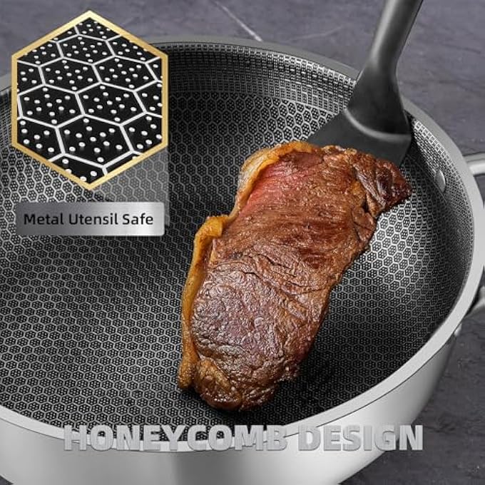 LENND Stainless Steel Saute Pan Cookware With Lid 30Cm Deep Frying Pan Nonstick Honeycomb Cooking Pot With Handles Large Kadai Skillet Wok Pan Compatible With All Cooktops Dishwasher Safe - Image 2