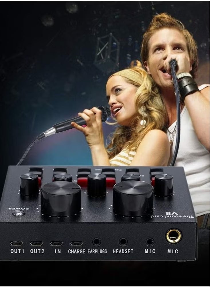 JAJEEK V8 Live Sound Card Bluetooth Sound Mixer Board – 3.5mm Audio Interface, 16 Sound Effects, Dual DSP Noise Reduction Chip, 6 Connecting Methods for Live Streaming, Recording, and Gaming – Ideal for PC & Mobile (V8 AMP)  - Image 2