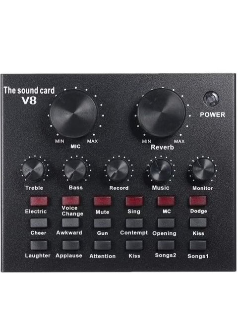 V8 Live Sound Card Bluetooth Sound Mixer Board – 3.5mm Audio Interface, 16 Sound Effects, Dual DSP Noise Reduction Chip, 6 Connecting Methods for Live Streaming, Recording, and Gaming – Ideal for PC & Mobile (V8 AMP)