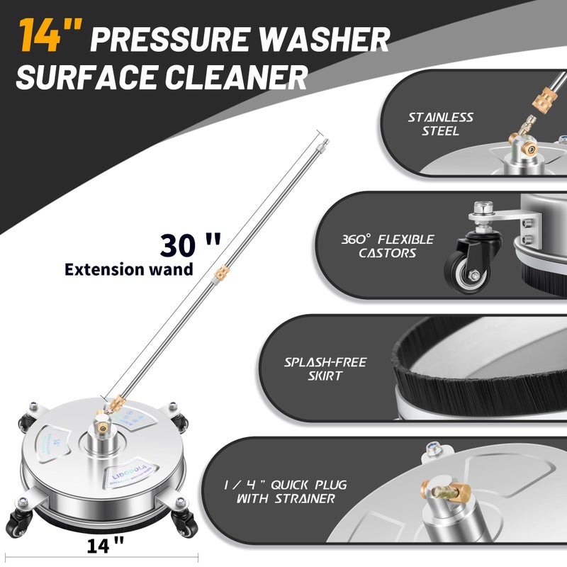 LidoDola 14" Pressure Washer Surface Cleaner with 4 Wheels - Stainless Steel Surface Cleaner for Pressure Washer Attachment for Concrete, Patio, Sidewalk, Deck and Driveways - PWS14 - Image 2