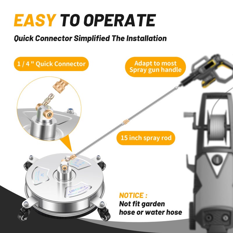 LidoDola 14" Pressure Washer Surface Cleaner with 4 Wheels - Stainless Steel Surface Cleaner for Pressure Washer Attachment for Concrete, Patio, Sidewalk, Deck and Driveways - PWS14 - Image 5