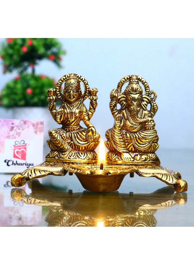 CHHARIYA CRAFTS تمثال لاكشمي غانيشا مع مصباح في عرض معدني - 15 سم (معدن، ذهب) - Image 2