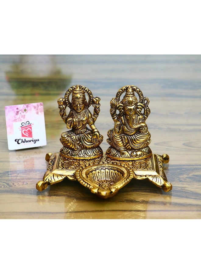 CHHARIYA CRAFTS تمثال لاكشمي غانيشا مع مصباح في عرض معدني - 15 سم (معدن، ذهب) - Image 3