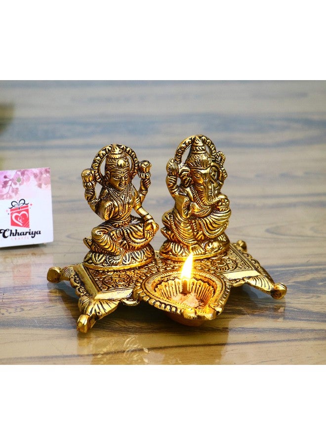 CHHARIYA CRAFTS تمثال لاكشمي غانيشا مع مصباح في عرض معدني - 15 سم (معدن، ذهب) - Image 1