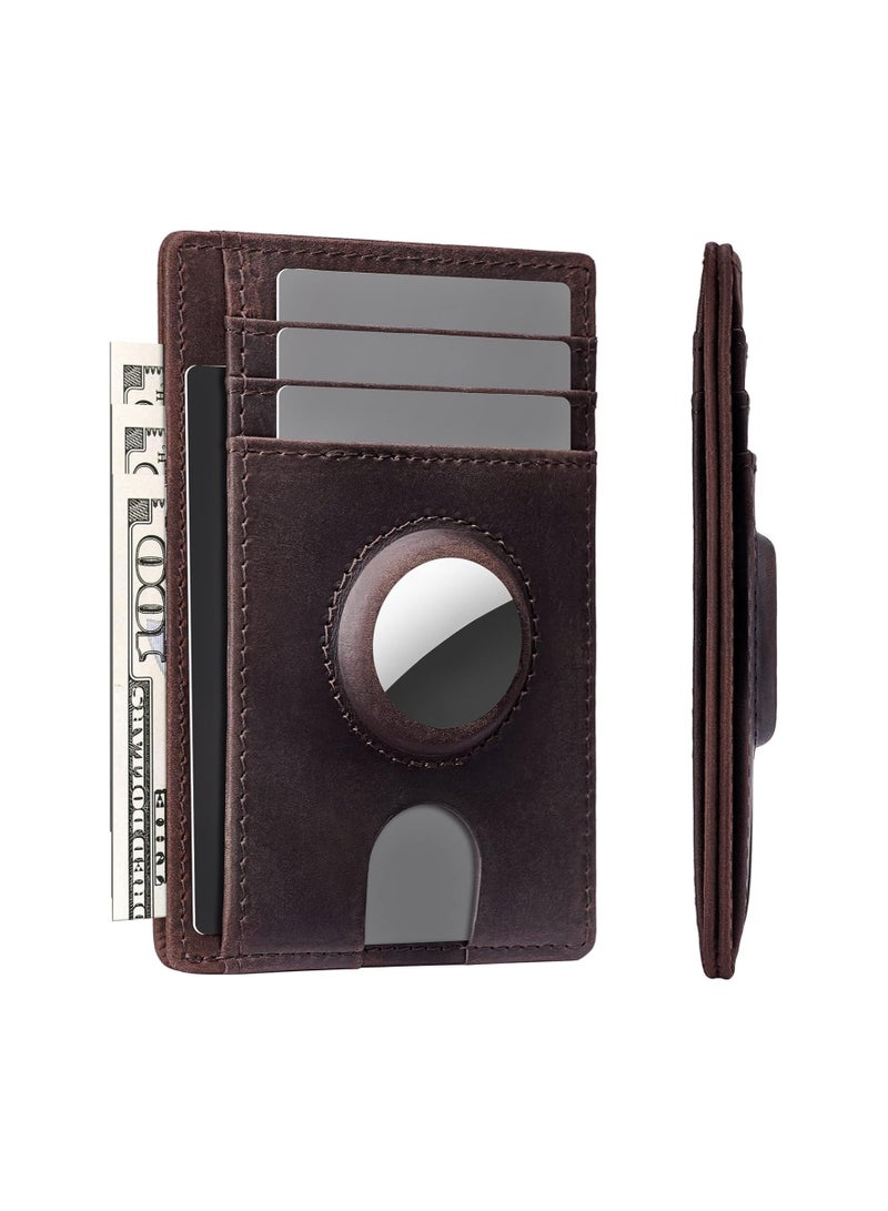 VKL محفظة جلدية لحافظة AirTag، محفظة أنيقة مانعة للتداخل RFID للرجال والنساء تحمل AirTag (غير متضمن) - تصميم رفيع وأنيق لجيب المقدمة - هدية مثالية للأب (بني) - Image 1