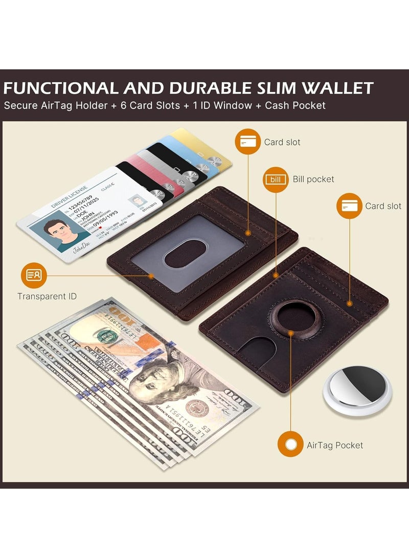 VKL محفظة جلدية لحافظة AirTag، محفظة أنيقة مانعة للتداخل RFID للرجال والنساء تحمل AirTag (غير متضمن) - تصميم رفيع وأنيق لجيب المقدمة - هدية مثالية للأب (بني) - Image 2