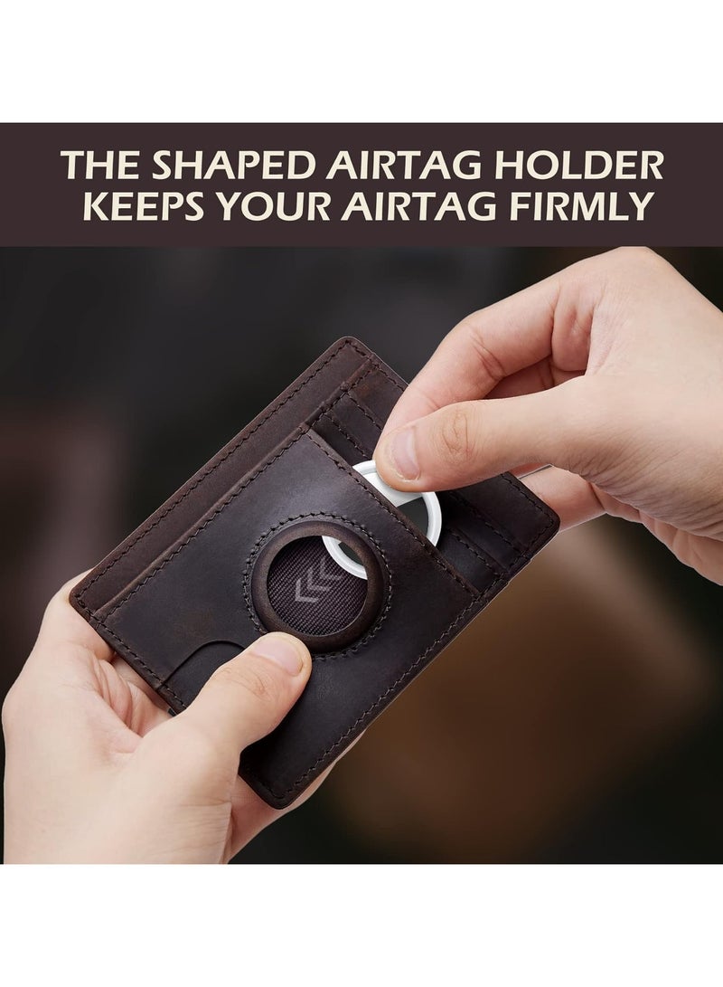 VKL محفظة جلدية لحافظة AirTag، محفظة أنيقة مانعة للتداخل RFID للرجال والنساء تحمل AirTag (غير متضمن) - تصميم رفيع وأنيق لجيب المقدمة - هدية مثالية للأب (بني) - Image 4