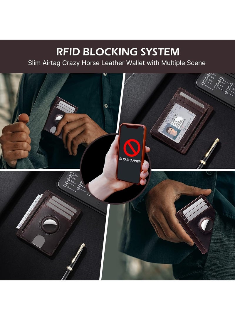 VKL محفظة جلدية لحافظة AirTag، محفظة أنيقة مانعة للتداخل RFID للرجال والنساء تحمل AirTag (غير متضمن) - تصميم رفيع وأنيق لجيب المقدمة - هدية مثالية للأب (بني) - Image 3