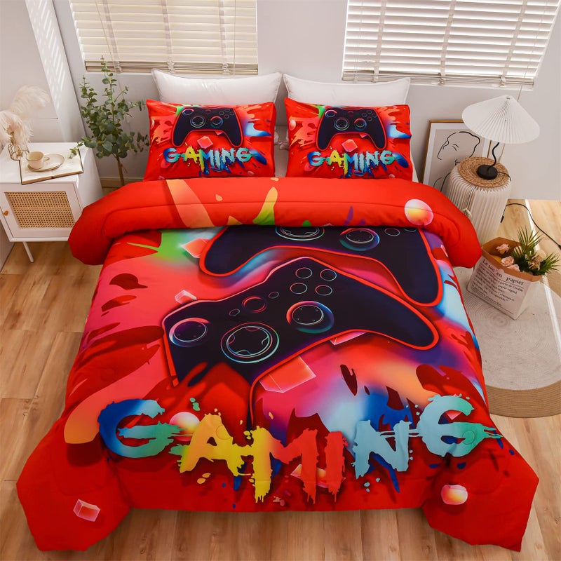 Aimuan Gaming Comforter Sets for Boys Kids Bedding Sets Video Games Console Action Buttons Novelty Colorful Game Gamepad Controller Modern Gamer Room Decor Home Quilt Set Twin Red