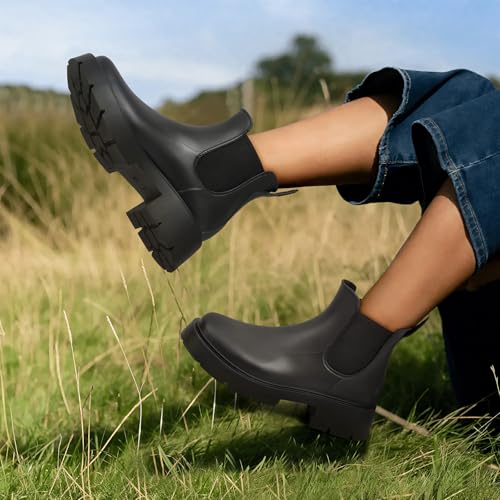 Asgard Women's Platform Ankle Rain Boots Waterproof Chelsea Boots Short Rubber Booties with Chunky Heel, Platform Black 39 - Image 2