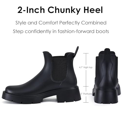 Asgard Women's Platform Ankle Rain Boots Waterproof Chelsea Boots Short Rubber Booties with Chunky Heel, Platform Black 39 - Image 3
