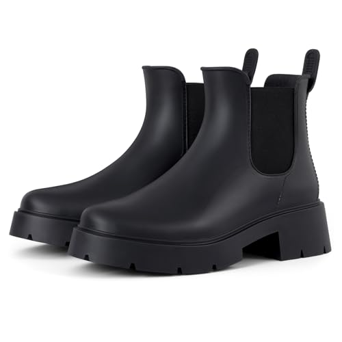 Asgard Women's Platform Ankle Rain Boots Waterproof Chelsea Boots Short Rubber Booties with Chunky Heel, Platform Black 39 - Image 1