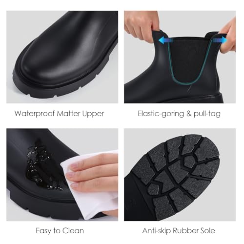 Asgard Women's Platform Ankle Rain Boots Waterproof Chelsea Boots Short Rubber Booties with Chunky Heel, Platform Black 39 - Image 4