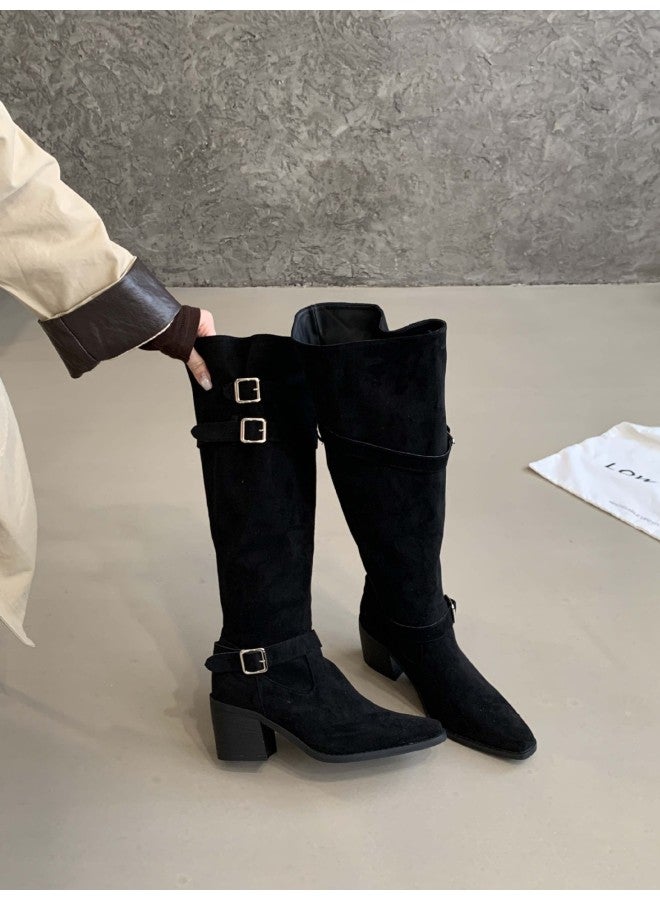 Belt Buckle Suede Boots  Autumn And Winter New Style Round Toe Chunky Heel Leather Slip-on Slouch Boots