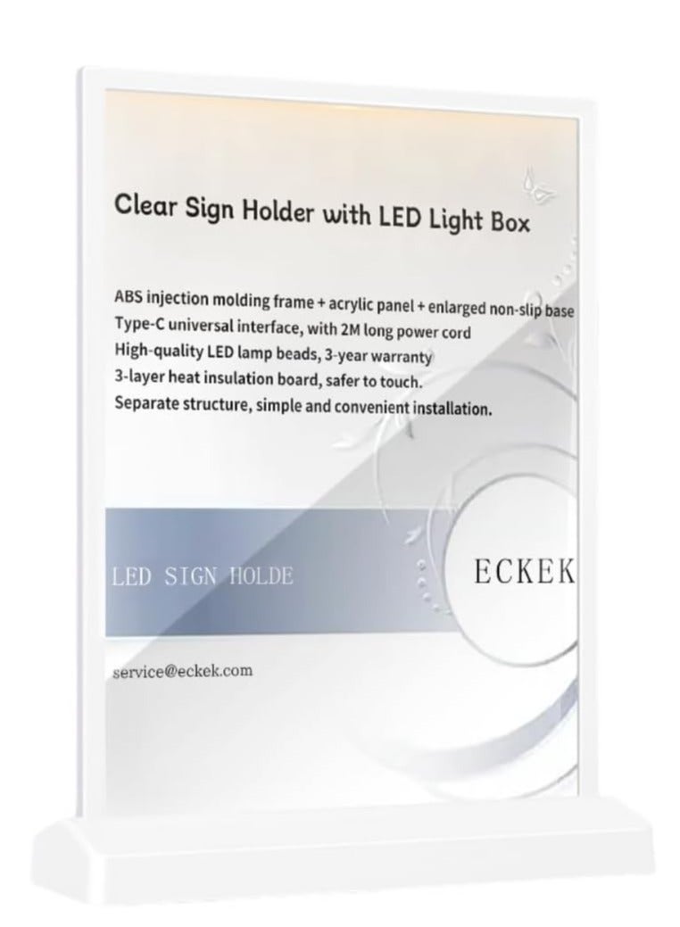 Eckek  LED Sign Holder Clear Sign Holder with LED Light Box, Table Menu Display Stand LED Menu Board A4 - Image 1