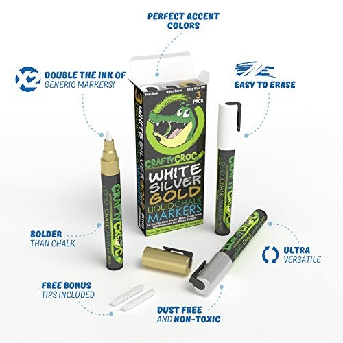 Crafty Croc Metallic Chalk Markers, Gold Silver White - 3 Pack, Medium Tip 6mm, Wet Erase for Accent Details - Image 2