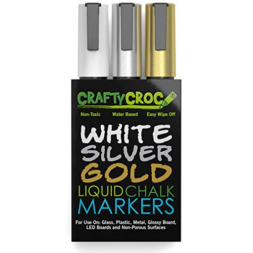 Crafty Croc Metallic Chalk Markers, Gold Silver White - 3 Pack, Medium Tip 6mm, Wet Erase for Accent Details - Image 1