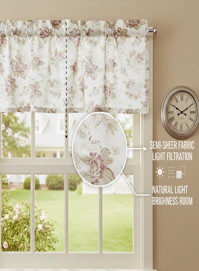 DaDa Bedding Dainty Floral Rose Garden Window Curtain Valance - Semi Sheer Natural Lighting Botanical Straight Tailored Edge - Vintage Ivory White Pastel Green Pink Kitchen Decor - 18" x 52" - Image 2