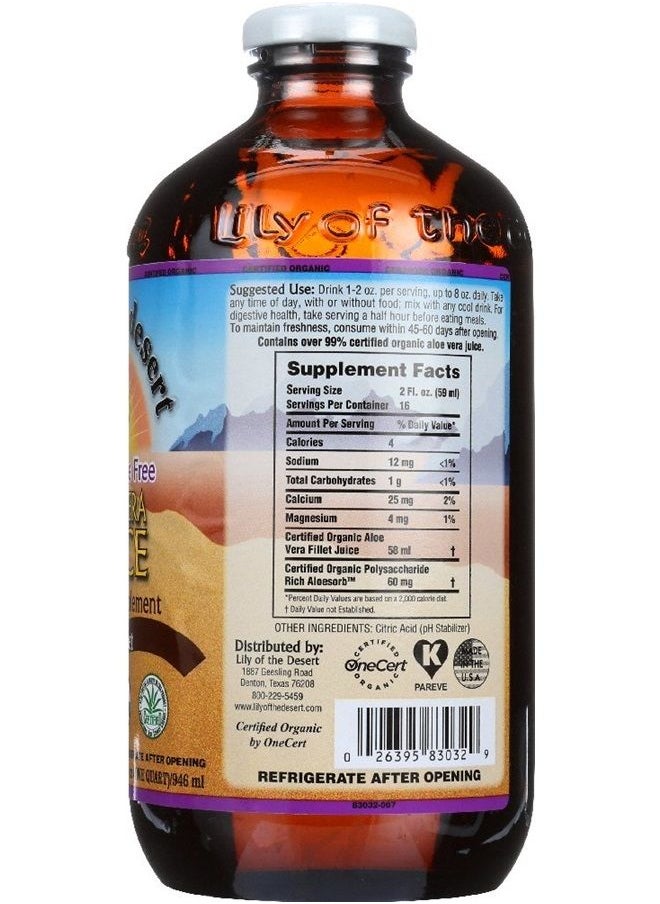 Lily Of the Desert - Lily of the Desert Aloe Vera Juice - Inner Fillet Aloe Vera Drink, Organic Aloe Juice with Natural Vitamins, Digestive Enzymes for Gut Health, Stomach Relief, Wellness, Glowing Skin, 32 Fl Oz - Image 1