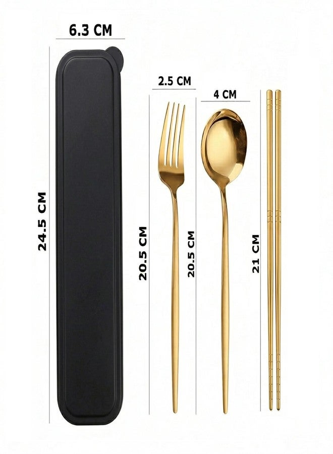 9UP® 1Set Portable Cutlery Set with Case | Reusable Travel Utensil Cutlery Set | Stainless Steel Gold Flatware | Fork, Spoon & Chopsticks for Camping, Office, Lunch Box (Golden) - Image 3