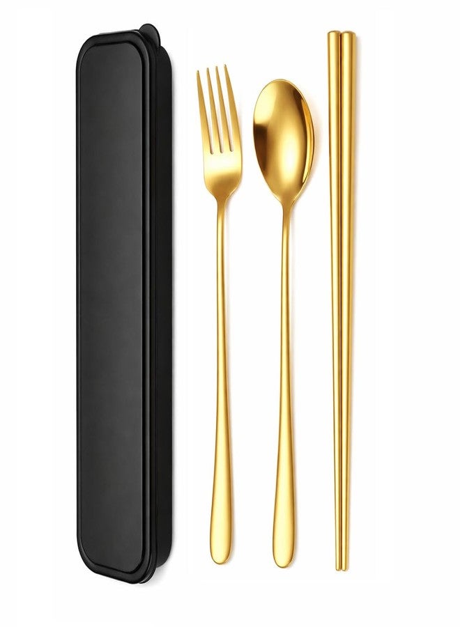 9UP® 1Set Portable Cutlery Set with Case | Reusable Travel Utensil Cutlery Set | Stainless Steel Gold Flatware | Fork, Spoon & Chopsticks for Camping, Office, Lunch Box (Golden) - Image 1
