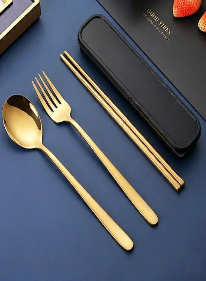 9UP® 1Set Portable Cutlery Set with Case | Reusable Travel Utensil Cutlery Set | Stainless Steel Gold Flatware | Fork, Spoon & Chopsticks for Camping, Office, Lunch Box (Golden) - Image 2