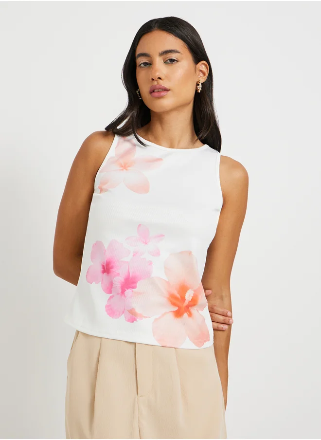 ستايلي Floral Print Sleeveless Round Neck Top