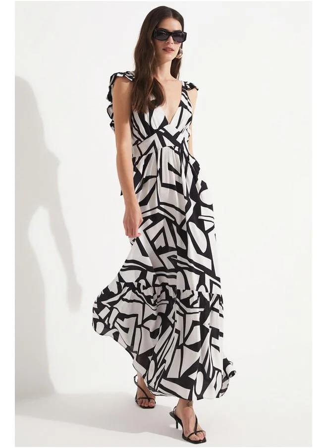 جون June Women Viscose Patterned V-Neck Dress Black - White