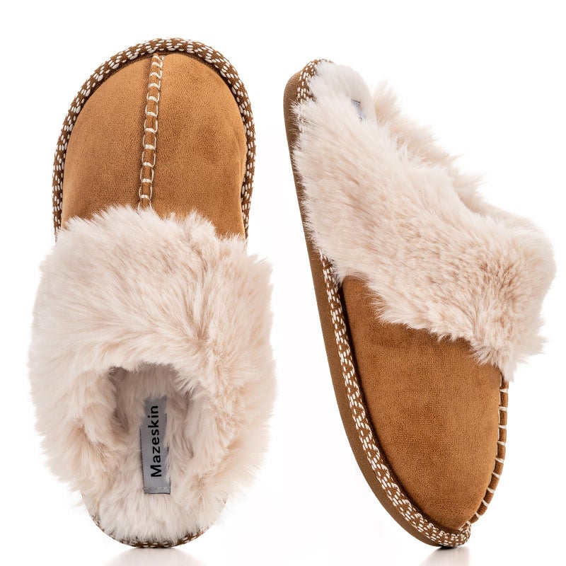 mazeskin Women's Fluffy Memory Foam Slippers, Cozy Winter Furry House Shoes with Warm Fuzzy Lining and Non-Slip Rubber Sole Indoor Outdoor,Chestnut US6-7.5 - Image 1