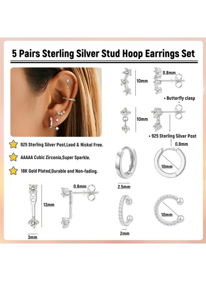 LOFITOR 5 Pairs Sterling Silver Stud Hoop Earrings for Women Teens Dainty 14k Silver Dainty Earrings 925 Sterling Silver Cartilage Earrings Stud Earrings Huggie Earrings Set for Multiple Piercing - Image 4
