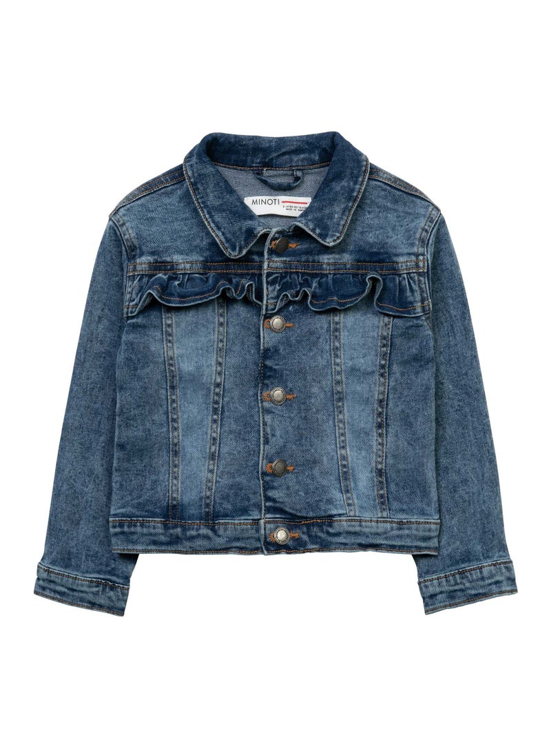 MINOTI Girls Denim Jacket with Front Ruffle Detail  - Image 1