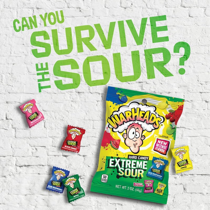 WARHEADS Extreme Sour Hard Candy - Assorted Flavors Including Sour Apple, Black Cherry, Blue Raspberry, Lemon & Watermelon - 2 oz. Bags - 3 Pack - Image 3