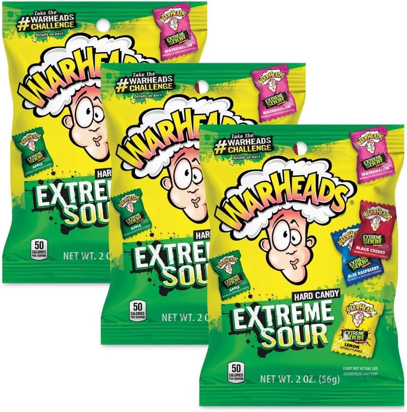 WARHEADS Extreme Sour Hard Candy - Assorted Flavors Including Sour Apple, Black Cherry, Blue Raspberry, Lemon & Watermelon - 2 oz. Bags - 3 Pack - Image 1