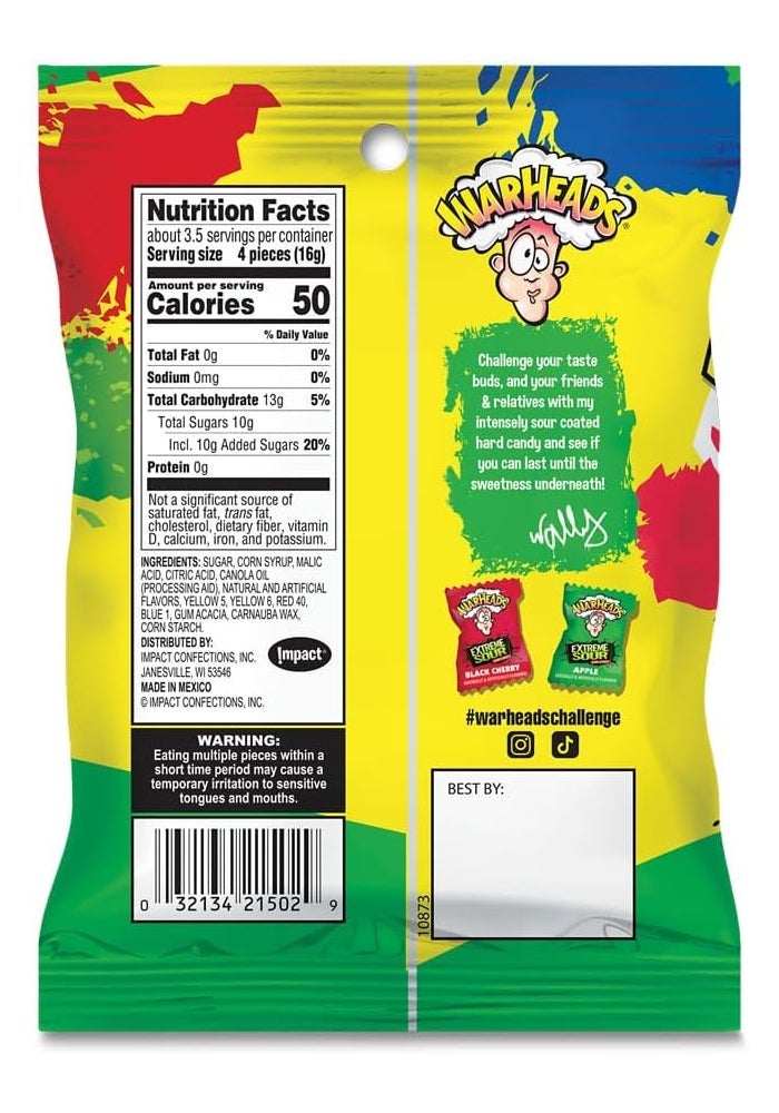 WARHEADS Extreme Sour Hard Candy - Assorted Flavors Including Sour Apple, Black Cherry, Blue Raspberry, Lemon & Watermelon - 2 oz. Bags - 3 Pack - Image 2