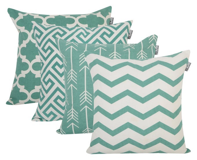 PRINTED PILLOW COVERS SET OF 4 DECORATIVE SQUARE THROW PILLOW COVER INDOOR OUTDOOR COTTON CUSHION CASES GEOMETRIC DESIGN TEAL PILLOWCASES FOR HOME SOFA BED COUCH 18 X 18 INCH