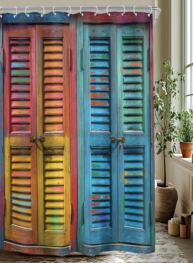 Riyidecor Rustic Barn Door Shower Curtain for Bathroom Decor 72Wx78H Vintage Colorful Farmhouse Wooden Wood Blinds Plank Countryside Art Printed Fabric Polyester Waterproof 12 Pack Plastic Hooks - Image 1