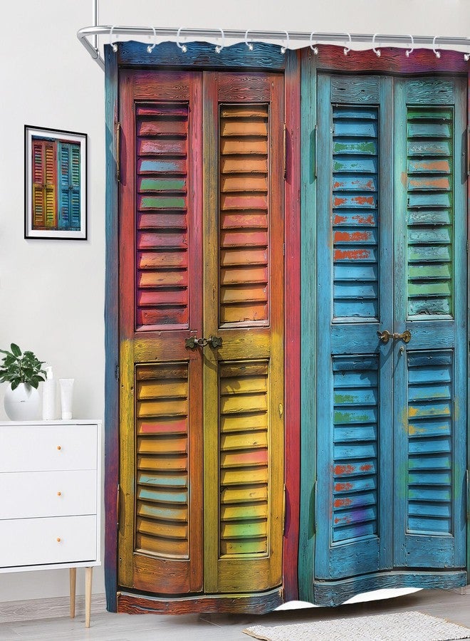 Riyidecor Rustic Barn Door Shower Curtain for Bathroom Decor 72Wx78H Vintage Colorful Farmhouse Wooden Wood Blinds Plank Countryside Art Printed Fabric Polyester Waterproof 12 Pack Plastic Hooks - Image 3