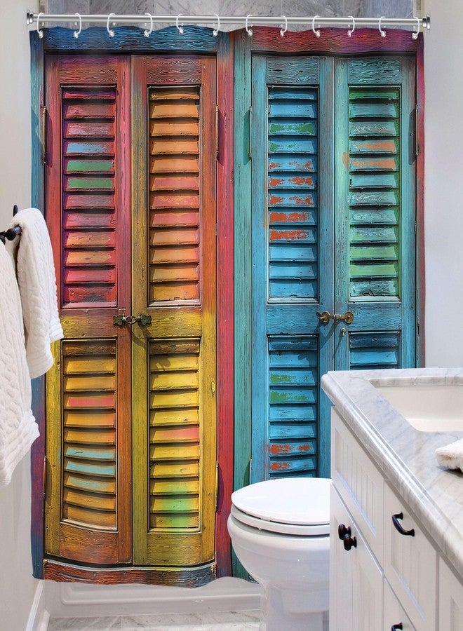 Riyidecor Rustic Barn Door Shower Curtain for Bathroom Decor 72Wx78H Vintage Colorful Farmhouse Wooden Wood Blinds Plank Countryside Art Printed Fabric Polyester Waterproof 12 Pack Plastic Hooks - Image 4