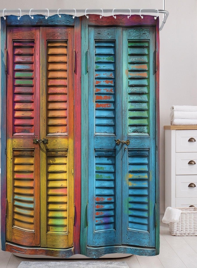 Riyidecor Rustic Barn Door Shower Curtain for Bathroom Decor 72Wx78H Vintage Colorful Farmhouse Wooden Wood Blinds Plank Countryside Art Printed Fabric Polyester Waterproof 12 Pack Plastic Hooks - Image 2