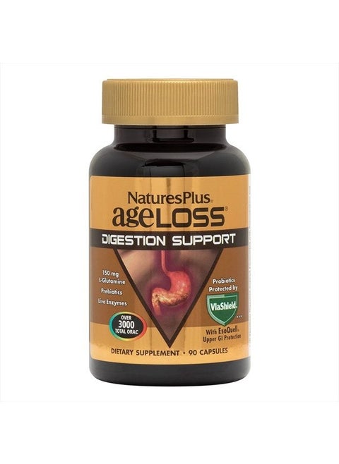 NaturesPlus AgeLoss Digestion Support - 90 Capsules - Prebiotics, Live Enzymes & 150 mg L-Glutamine - Gluten Free - 30 Servings