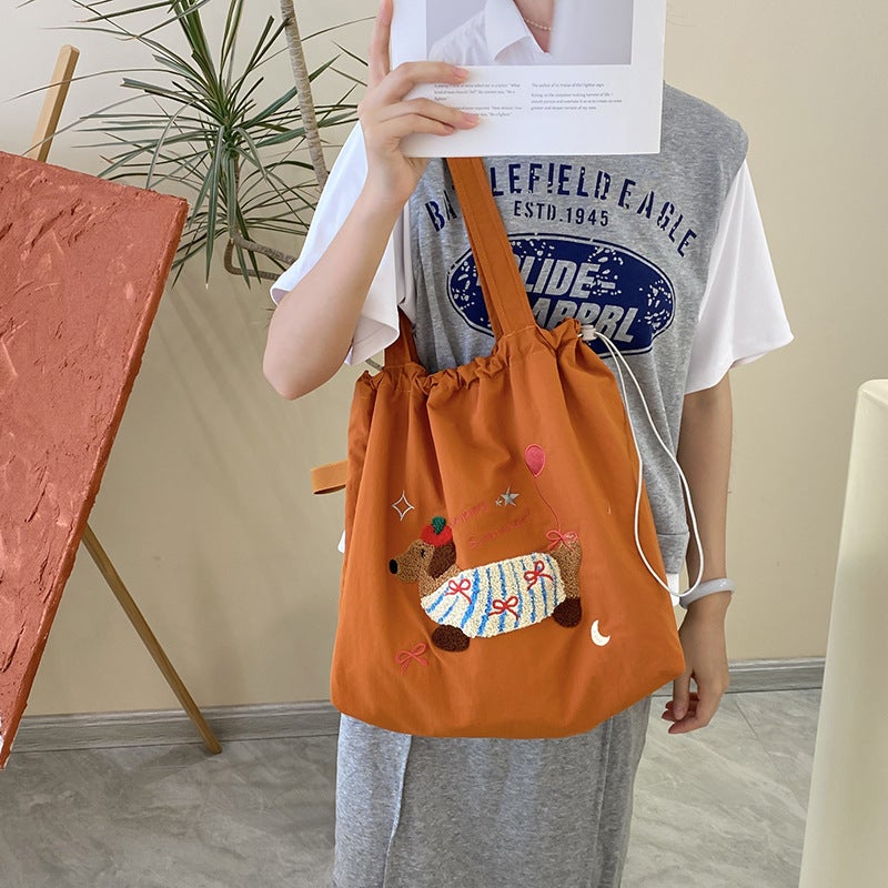 Embroidered Cartoon Canvas Bag Women'S Arrival Fashionable Korean Style College Style Tote Bag Casual Large Capacity Shopping Bag - Image 3