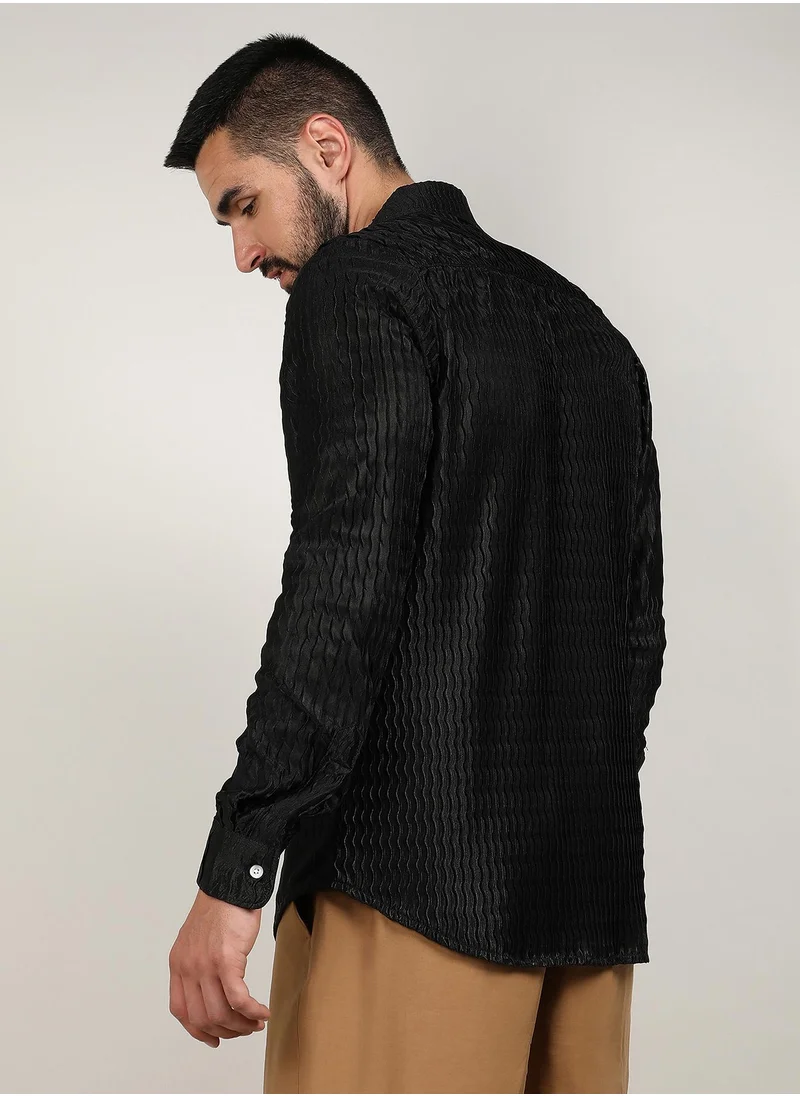 Campus Sutra Men's Onyx Black Curly-Creased Shirt