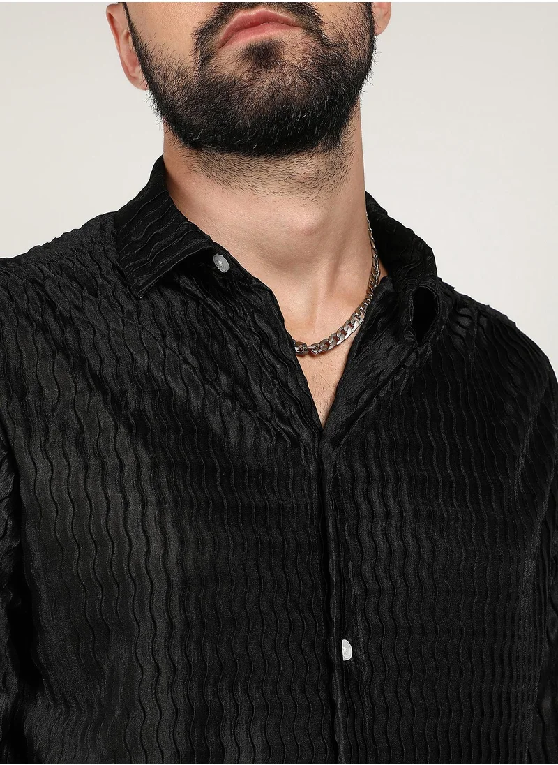 Campus Sutra Men's Onyx Black Curly-Creased Shirt