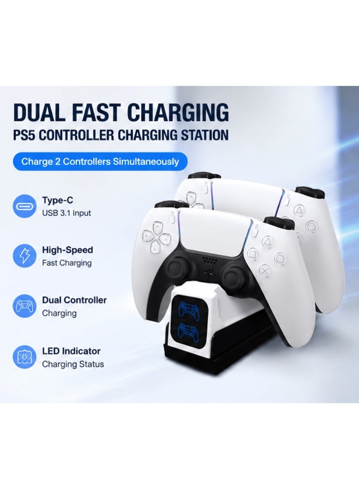 محطة شحن سريع متوافقة مع أيدي تحكم بلايستيشن 5 (PS5 DualSense)، قاعدة شاحن مزدوجة مع مؤشر LED وكابل Type-C - Image 1