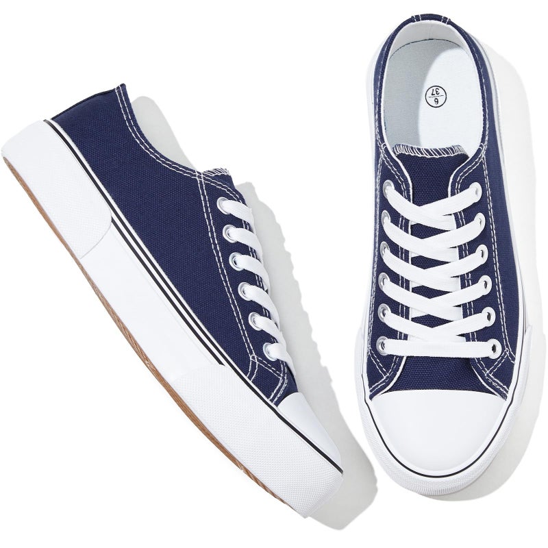 Adokoo Canvas Tennis Shoes for Women Low Top Casual White Navy Sneakers for Women Lace Up Fashion Comfortable Walking Shoes (Navy,8) - Image 1