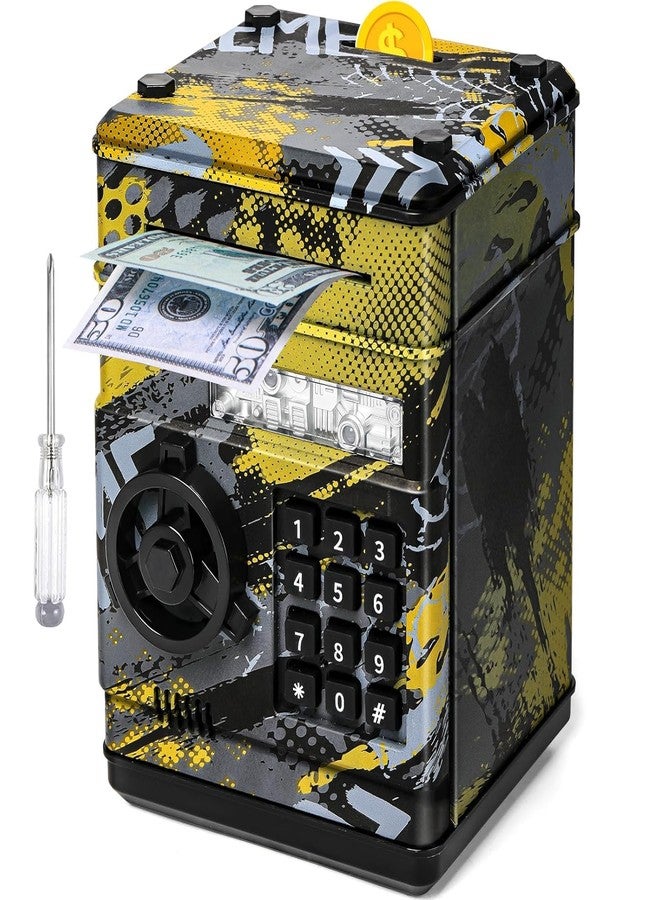 Mummy Please ATM Piggy Bank|Mini ATM|Coin Bank Money Saving Box with Password,【Grafitti Golden】 Kids Safe Money Bank for Kids with Auto Grab Note Slot - Image 1