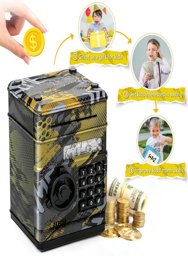 Mummy Please ATM Piggy Bank|Mini ATM|Coin Bank Money Saving Box with Password,【Grafitti Golden】 Kids Safe Money Bank for Kids with Auto Grab Note Slot - Image 2