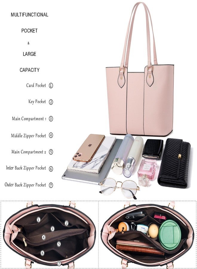 CHICAROUSAL Tote Bag for Women Large Handbags and Purses for Women PU Leather Womens Shoulder Bags (Light Pink) - Image 5