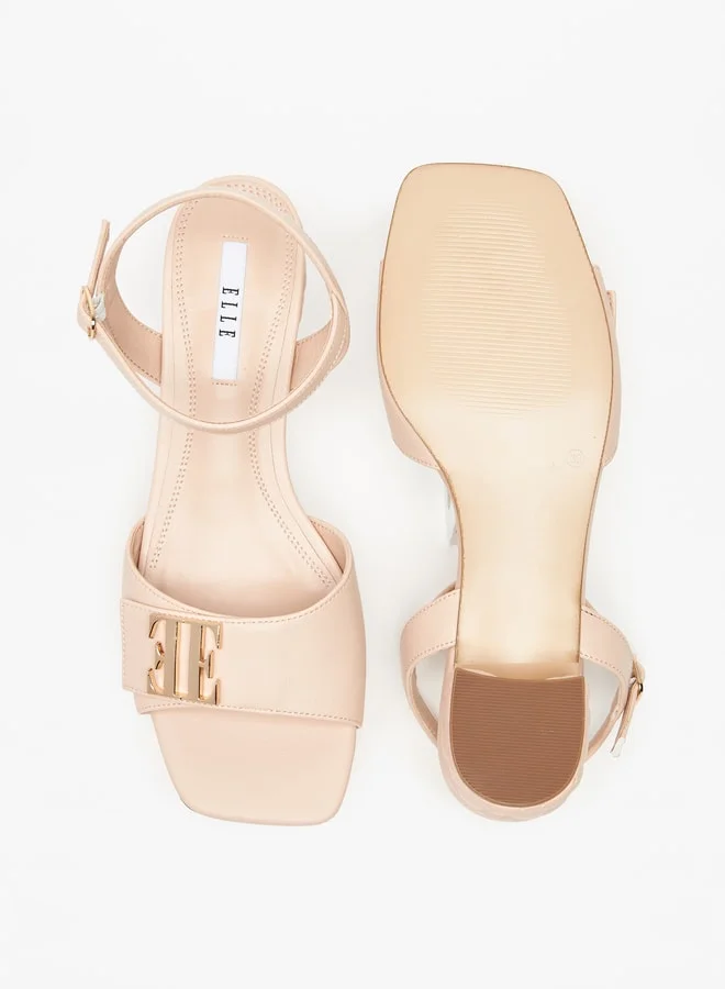 ايل Women's Monogram Detail Ankle Strap Sandals with Block Heels