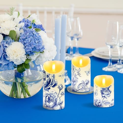 Ouvibor 3 Pcs Blue and White Flameless Candles Wedding Table Centerpiece Chinoiserie Candles Blue White Floral Printed Faux Candles with Remote Timer for Wedding Home Holiday Table Decor - Image 5